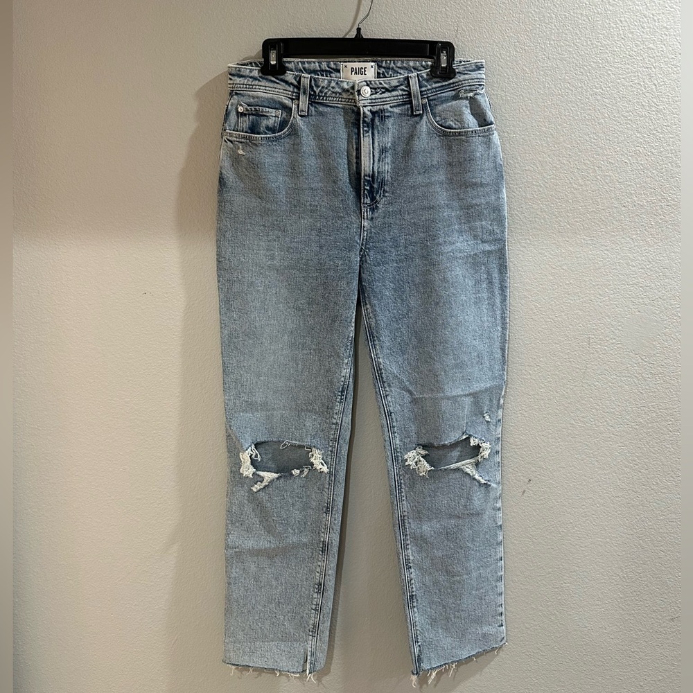 PAIGE Blue Ankle Cropped Jeans with Distressed Details